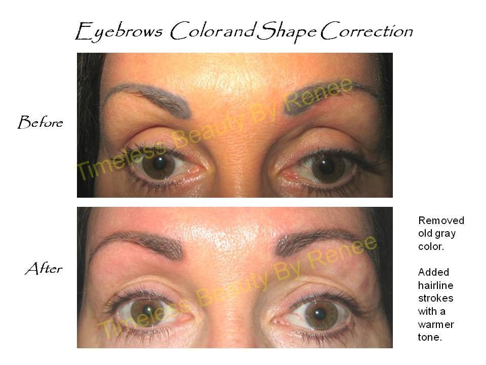 A before and after picture of a woman 's eyebrows color and shape correction
