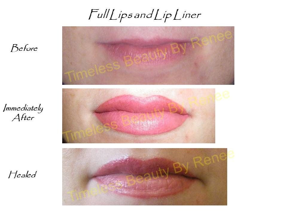 A before and after photo of a full lips and lip liner