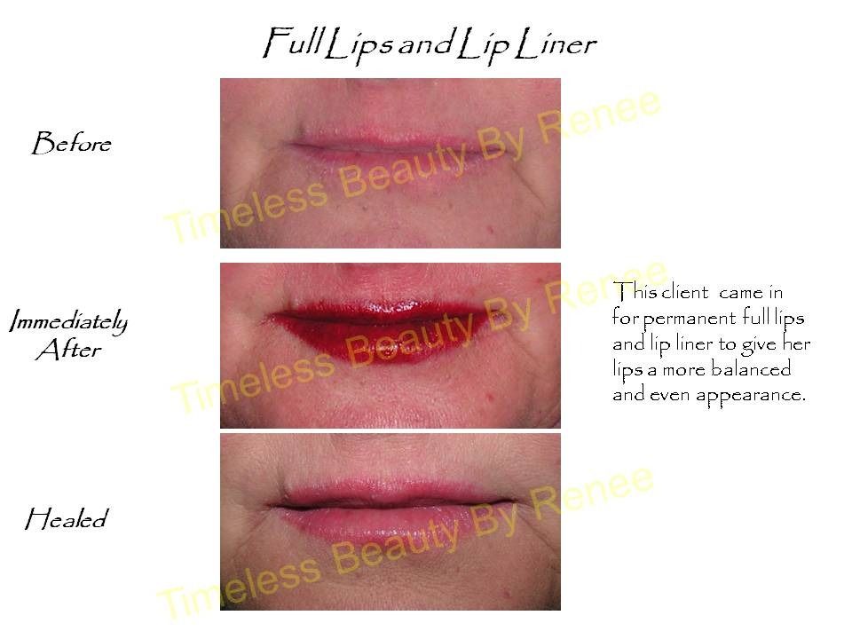 A before and after photo of a woman 's lips and lip liner