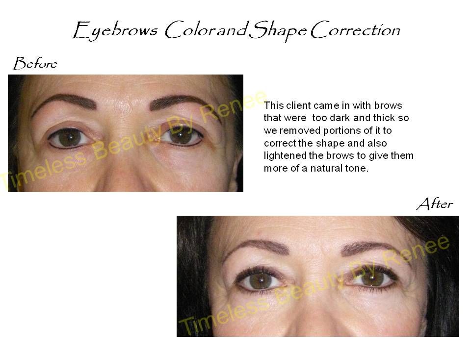 A before and after picture of a woman 's eyebrows color and shape correction