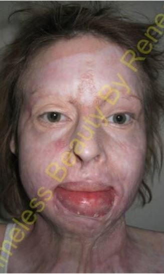 A close up of a woman 's face with the words ageless beauty behind her