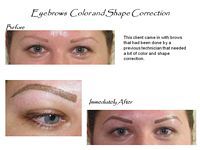 A before and after picture of a woman 's eyebrows color and shape correction.