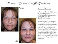 A before and after picture of a woman 's face with permanent cosmetics and skin treatments.