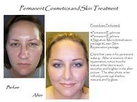 A before and after photo of a woman 's face with permanent cosmetics and skin treatment.