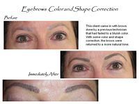 A before and after picture of a woman 's eyebrows color and shape correction.