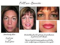 A before and after picture of a woman 's face with green eyes and red lips.