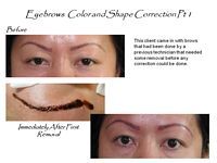 A before and after picture of a woman 's eyebrows color and shape correction.