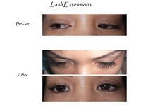 A before and after picture of a woman 's eyes with lash extensions.