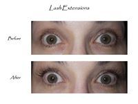 A before and after picture of a woman 's eyes with lash extensions.