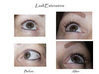 A woman 's eyes before and after getting lash extensions.