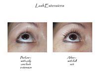 A before and after photo of a woman 's eye with lash extensions.