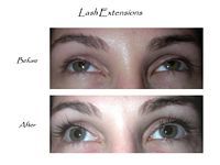 A before and after picture of a woman 's eyes with lash extensions.