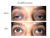 A before and after picture of a woman 's eyes with lash extensions.