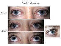 A before and after picture of a woman 's eyes with lash extensions.