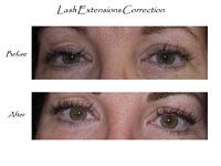 A before and after picture of a woman 's eyes with lash extensions.