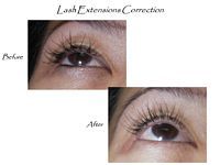 A before and after photo of a woman 's eye with lash extensions.