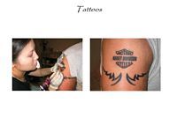 A woman is getting a harley davidson tattoo on a man 's arm.