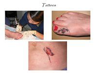 A woman is getting a tattoo on a person 's foot.