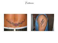 A picture of a woman 's back and a picture of a man 's arm with tattoos.