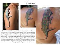 A man has a chameleon tattoo on his shoulder.