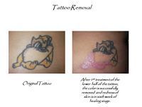 A before and after picture of a tattoo on a person 's back.