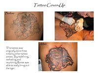 A man is getting a tattoo cover up on his back.