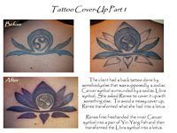 A before and after picture of a lotus flower tattoo on a person 's back.