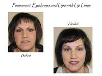 A before and after picture of a woman with permanent eyebrows and lips with lip liner.