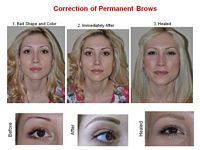 A before and after picture of a woman 's permanent eyebrows.