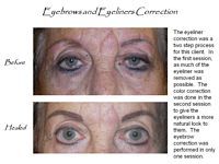 A before and after picture of a woman 's eyebrows and eyeliner correction.