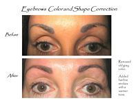 A before and after picture of a woman 's eyebrows color and shape correction.
