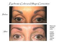 A before and after picture of a woman 's eyebrows color and shape correction.