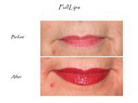 A before and after picture of a woman 's lips with red lipstick.
