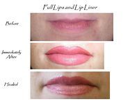 A before and after picture of a woman 's lips and lip liner.