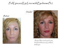 A before and after photo of a woman with full lips and lip liner with eyebrows.