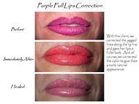 A before and after picture of a woman 's lips with purple and red lipstick.