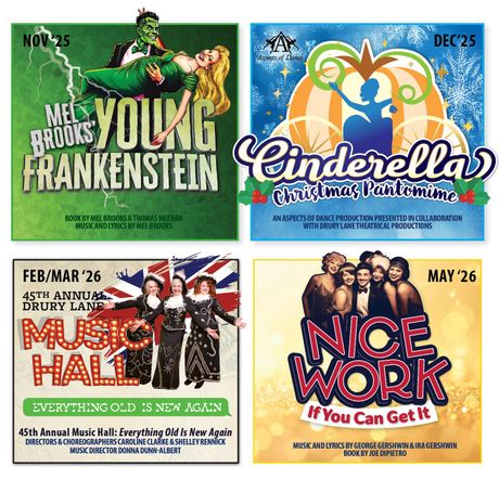 Drury Lane's 2025-26 regular show lineup include: Mel Brooks' Young Frankenstein, Cinderella - Christmas Pantomime, 45th Annual Music Hall, Gershwin's Nice Work if You Can Get It