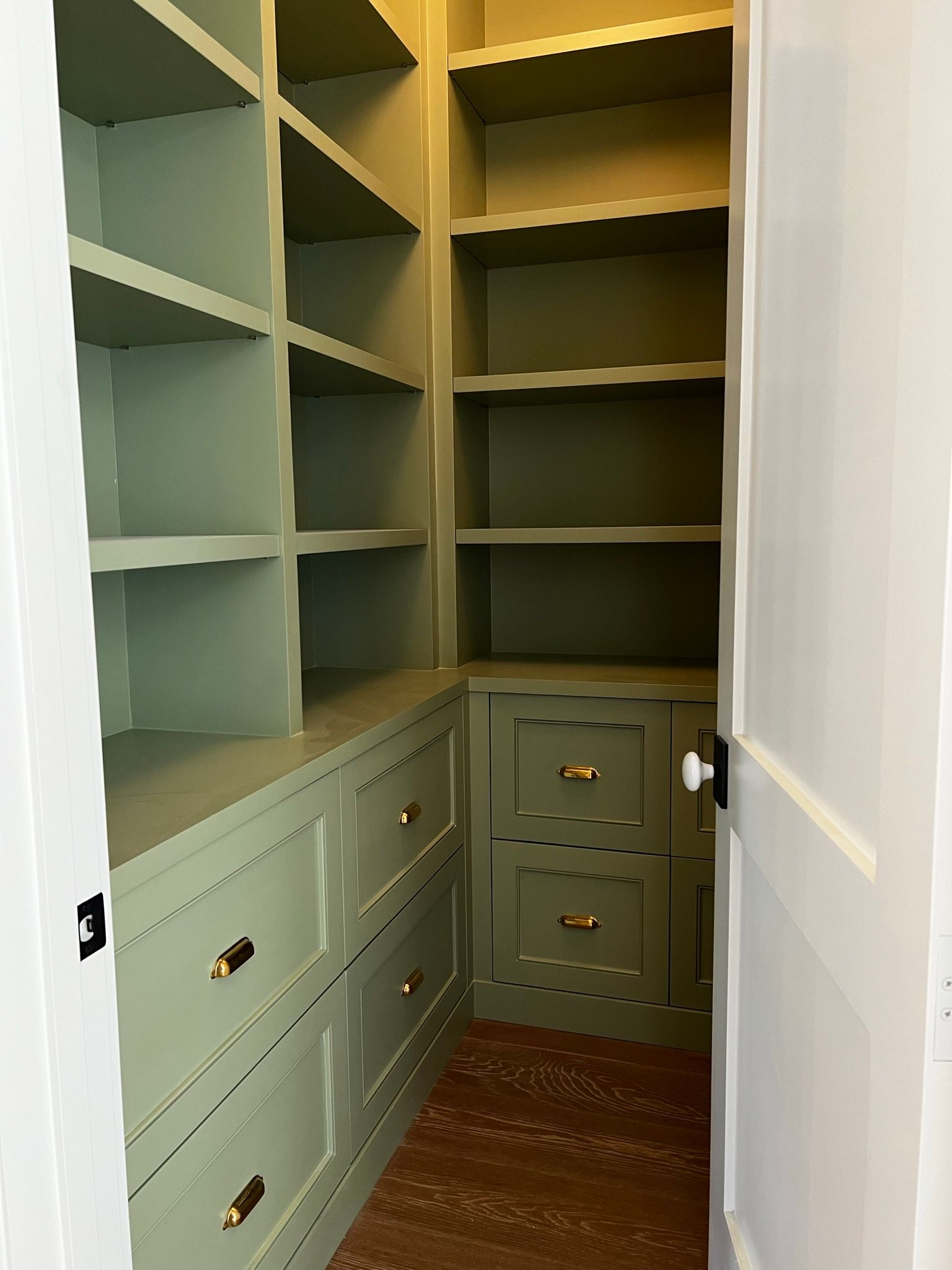 A walk in closet with lots of shelves and drawers