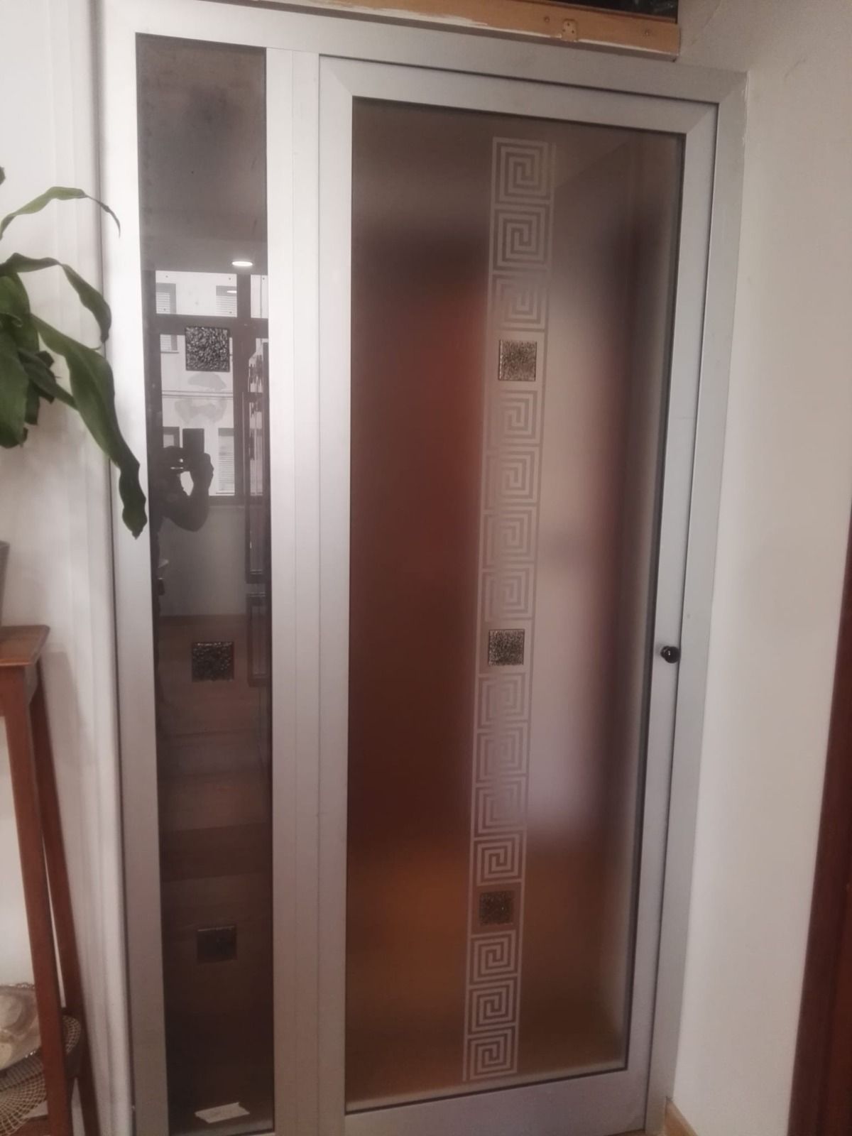 Porta con telaio in alluminio, vetro satinato e finiture decorative. Pannello laterale in vetro trasparente.