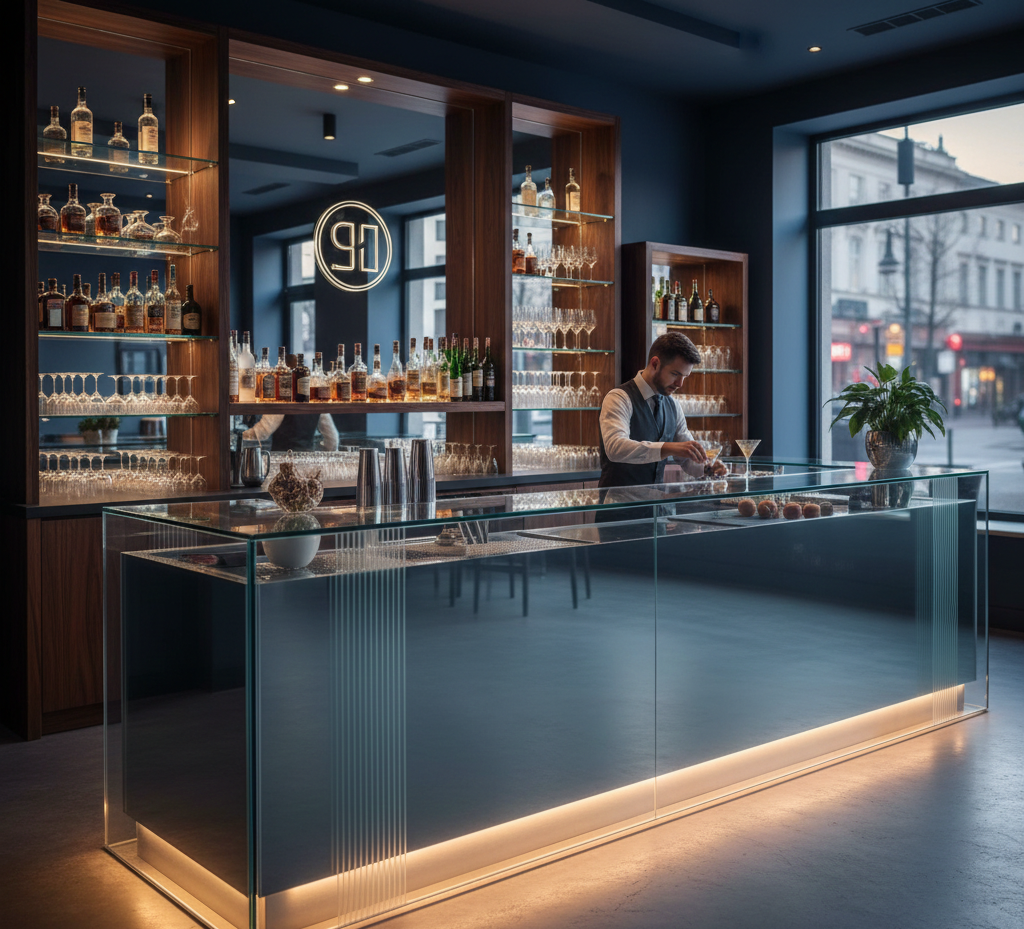 Un bar ben illuminato con un barista che prepara i drink; una finestra mostra una strada cittadina.