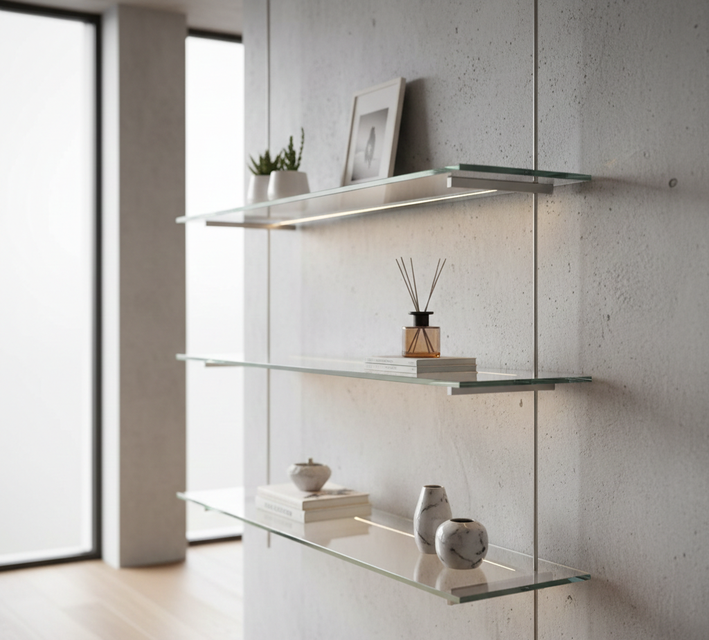 Mensole in vetro su una parete in cemento ospitano piante, decorazioni e una foto incorniciata in un ambiente ben illuminato.