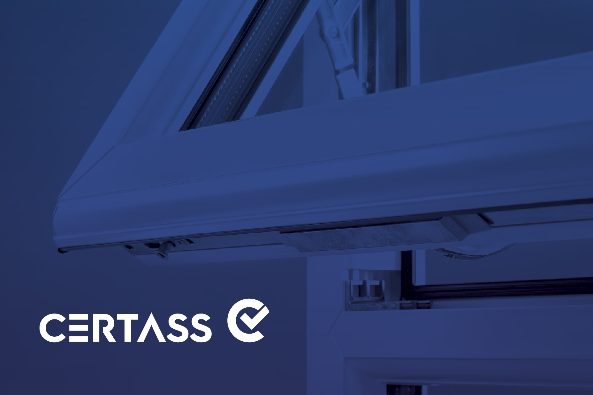 White window frame detail with a blue background. CERTASS logo in the bottom left corner.