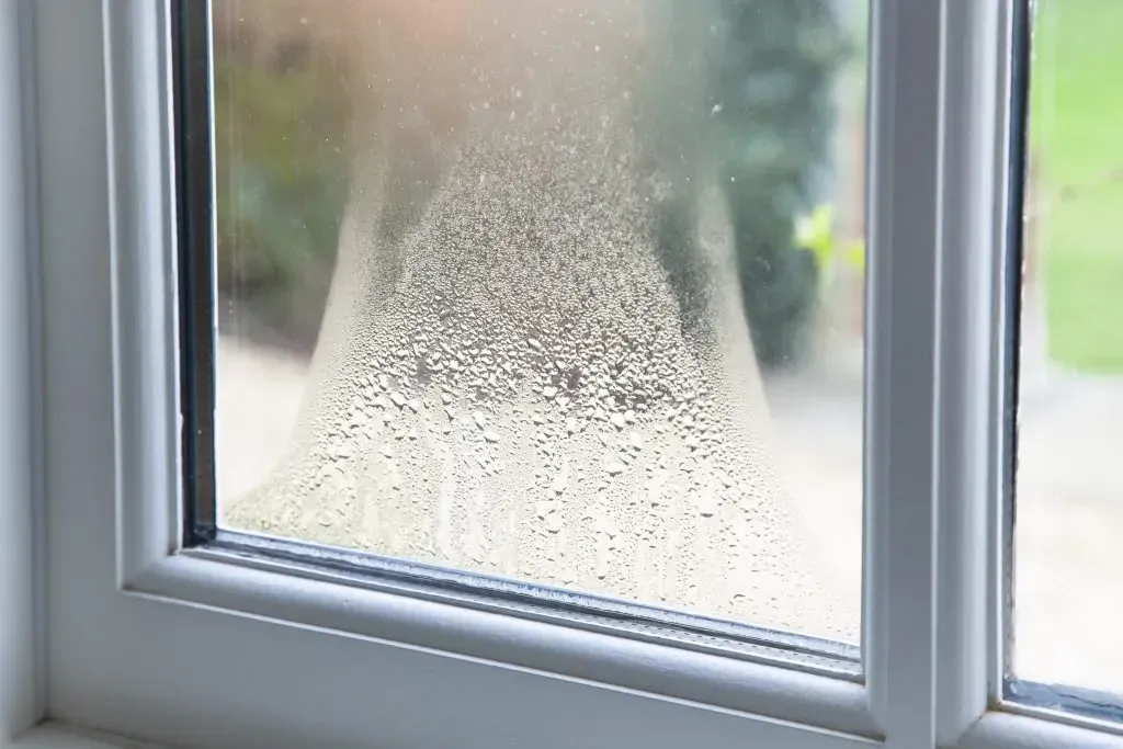 A close-up of a window with condensation on the glass, obscuring the view outside. The window is white.