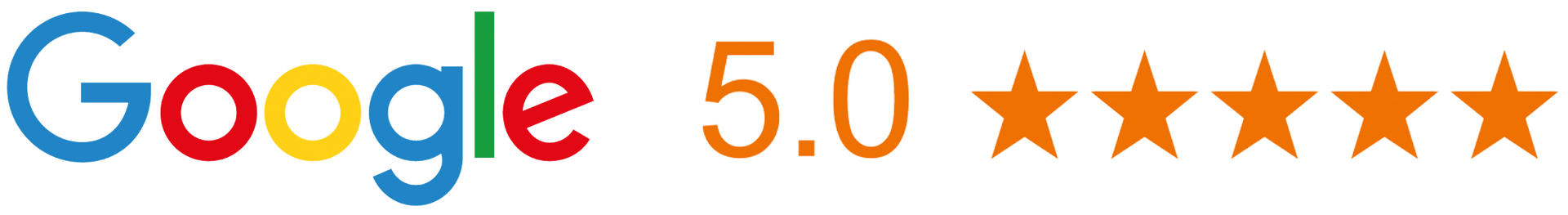 Google, 5.0 rating, with five orange stars.