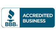 The bbb logo is blue and white and says accredited business.