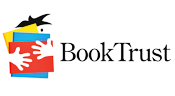 A logo for book trust with a person holding a book.