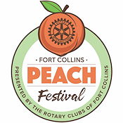 The logo for the fort collins peach festival is presented by the rotary clubs of fort collins.