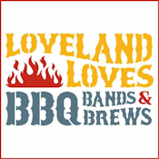 A logo for loveland loves bbq bands and brews