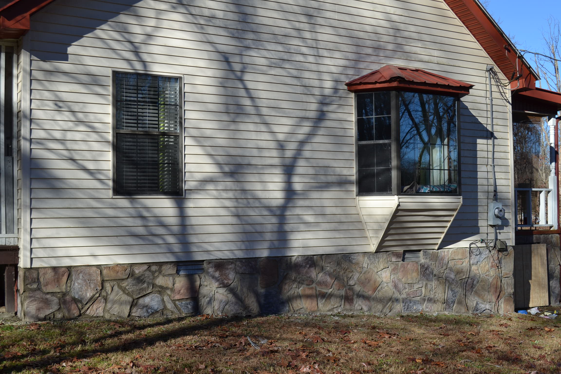 The shadow of a tree is cast on the side of a house.