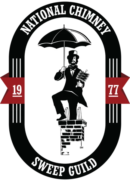National Chimney Sweep Guild logo with a chimney sweep holding an umbrella on a brick chimney, flanked by 1977 ribbons National Chimney Sweep Guild logo with a chimney sweep holding an umbrella on a brick chimney, flanked by 1977 ribbons